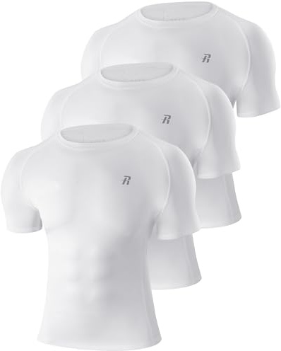 Runhit Men's Compression Shirt, 3 Pack White Short Sleeve Quick Dry Base Layer Undershirts, Tight Breathable Muscle Fit T-Shirts for Running Cycling Gym M