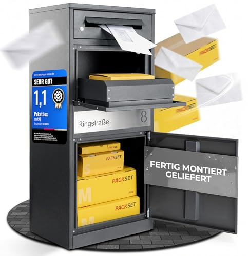 sortiQ Paketbox Draussen Groß XXL (Anthrazit) | Briefkasten mit Paketfach Freistehend | 100% Wasserdicht & fertig Montiert | Diebstahlschutz Paketbriefkasten für Zuhause | sicherer Standbriefkasten