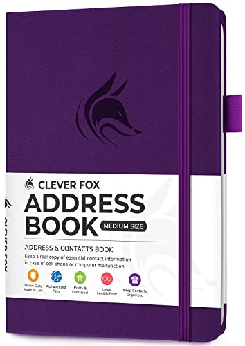 Clever Fox Address Book with alphabetic tabs - PU Leather Telephone and Address Book for Keeping Contacts Safe, Contact Organizer Journal, Medium Size (13.5 x 19cm) Hardcover, Purple