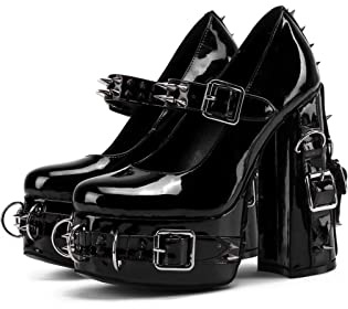 Frankie Hsu Women's Gothic Large Size Black Patent Leather Buckle Belt Ring Rivet Shinny Sexy Platform Chunky High Heels Ankle Strap Heeled Bootie Shoes