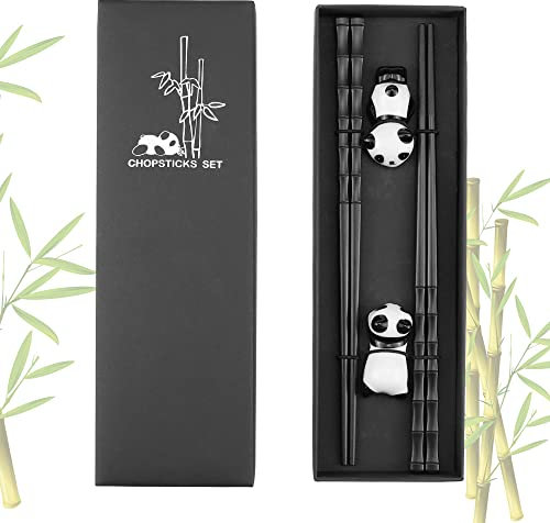 DXLing 2 Paia Bacchette in Fibra di Vetro Riutilizzabili Set Bacchette Cinesi Fibra di Vetro con Resto per Bacchette in Ceramica Panda Carino per Piatti Asiatici