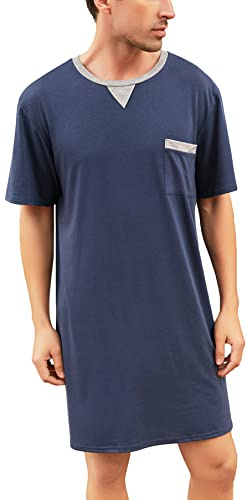 Chemise de Nuit Homme Coton Pyjama Manches Courtes Hauts de Pyjama Homme Tee-Shirt Long Col Rond Vêtements d'Intérieur T-Shirt Grande Taille Douce Confortable Bleu foncé*Courte-B XL