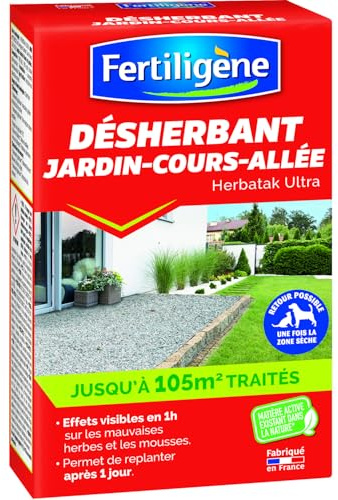 Fertiligène FDESA25N - Désherbant Ultra Concentré Jardin, Cours, Allées 250 ML - Détruit Rapidement Les Mauvaises Herbes et Les mousses - Composition Naturelle - Effets Visibles en 1h - Couvre 105 m²