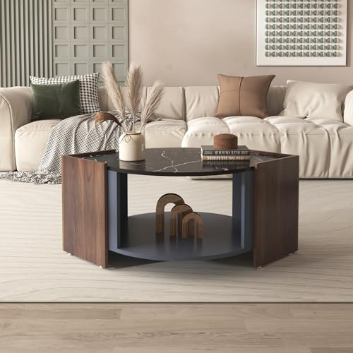 BTM Table Basse, en marbre et Noyer avec des Couleurs contrastées, avec tiroir, Rangement Ouvert, Bois