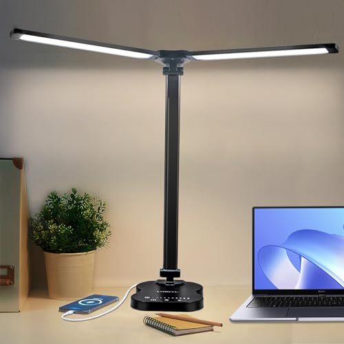 LQWELL® Lampada da Scrivania a Doppio Attacco con Regolazione LED, 5 Colori e 10 Livelli di LuminositÀ, Luce di Lettura Gradevole per Gli Occhi, Controllo Touch e Funzione di Memoria, Timer