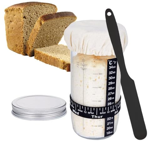Eidoct Sourdough Starter Jar Kit, 730ml Sourdough Starter Jar with Aluminum Lid, Date Marked Feeding Band, Silicone Scraper, Cloth Cover and Thermometer Band