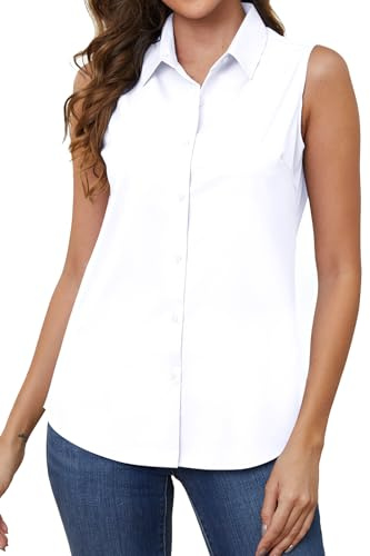 TOLOVIC Camisas sin mangas con botones para mujer, sin arrugas, elásticas, para negocios, oficina, trabajo, blusas formales, Blanco7, M