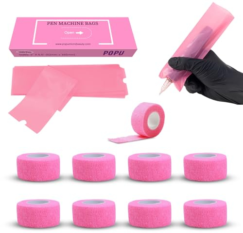EZ Housses pour Machines à Tatouer avec Bandes Adhésives - 9pièces (2.5cm x 4.5m) Tattoo Grip Tapes avec 200pièces (5cm X 16cm) Rose Couvertures Jetables pour Machines à Tatouer