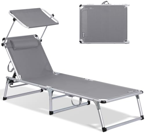 Homecall Sonnenliege mit Dach Gartenliege Leicht Sonnenliege Klappbar Alu Liegestuhl Strandliege, 5 Fach Verstellbare Rückenlehne, 190 x 60 cm Sonnenschutzdach, bis 136KG (Mit Sonnendach-Grau)