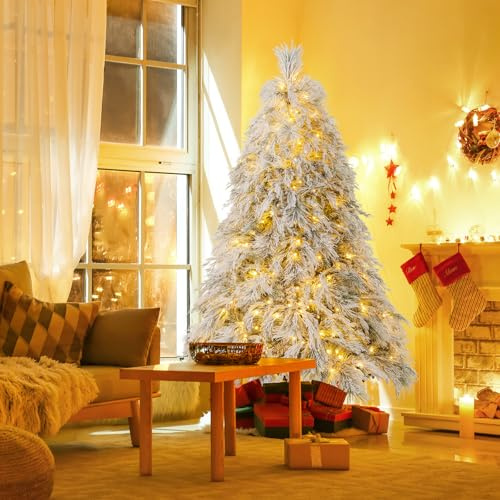 COSTWAY Sapin de Noël Artificiel Lumineux LED 192 cm, 519 Branches avec 250 LED Blanc Chaud, Aiguilles de Pin, Feuilles de Saule, Arbre de Décoration Pré-éclairé, pour Fêtes, Maison, Magasin, Bureau