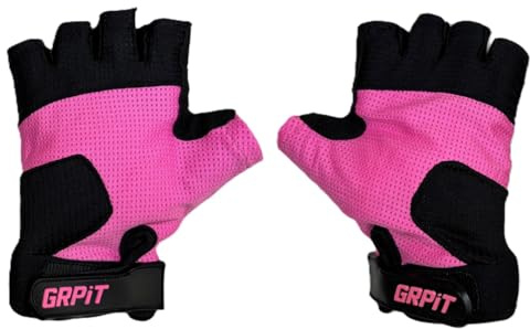 GRPiT Kids Gloves for Biking, Scootering & Playground Fun – Half Finger Padded Bike Gloves for Boys & Girls – Ages 5 to 12 – Comfortable, Durable, Adjustable Fit (Pink, 7/8, Right/Left)