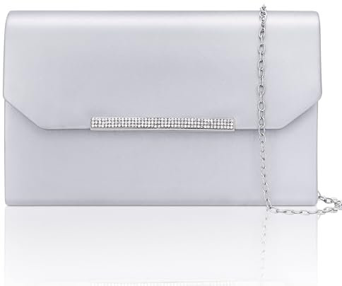 Larcenciel Clutch Silber, Leder Handtaschen mit Abnehmbarer Kette, Elegant Abendtasche mit Strassbesetztem Metallstab, Mode Crossbody Umhängetasche Tasche für Hochzeit Party Prom Bankett, 22x14x6CM