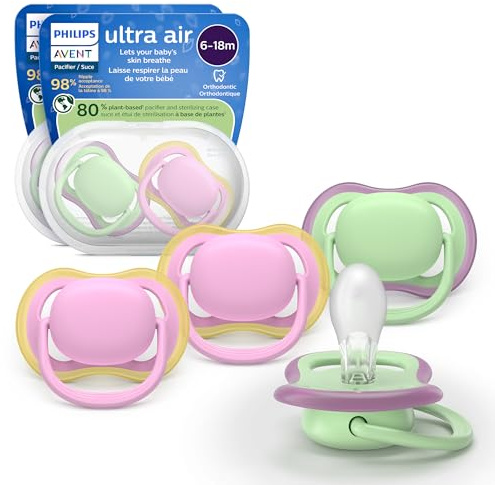 Philips Avent Ultra Air Pacifiers - Orthodontic Design, for Babies 6-18 Months, Soft Silicone Symmetrical Nipple, BPA-Free, 2 Sterilizing Cases, 4 Pack, SCF087/25