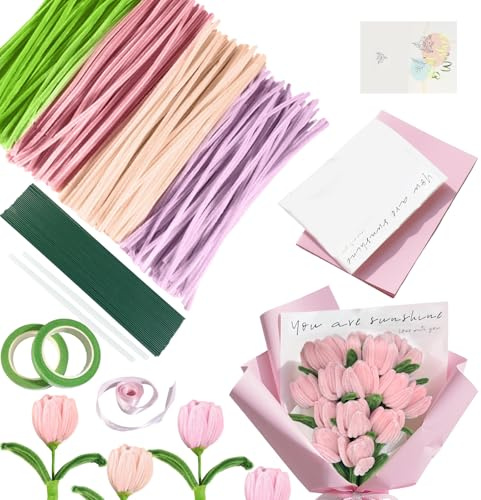 Kit Flores de Limpiadores de Pipas 438 Piezas - Incluye 400 Limpiadores 4 Colores, Tallos, Cinta & Embalaje. ¡Perfecto para Ramos Creativos y Decoración