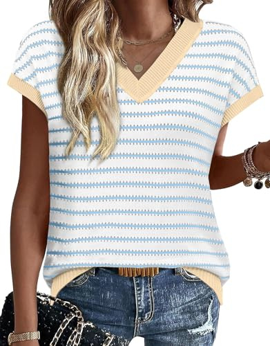 WIHOLL Spring Tops for Women 2026 Short Sleeve Sweater Trendy Lightweight Summer V Neck Knit Shirt Cap Sleeve Casual Dressy Work Business Outfits Spring Clothes for Women Striped Blue L