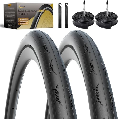 2-PCS 700C Bike Tyre 700x23C/23-622, Racing Road Bike Tyres Puncture Proof Bicycle Tyres & 2 Inner Tubes 60mm Presta Valve, Bike Tyres for Racing, Hybrid, Folding Bicycles