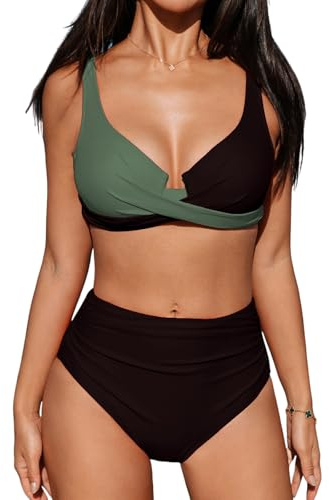 CUPSHE Conjunto de bikini para mujer, diseño cruzado, con aros push up, cintura alta, traje de baño de dos piezas, L