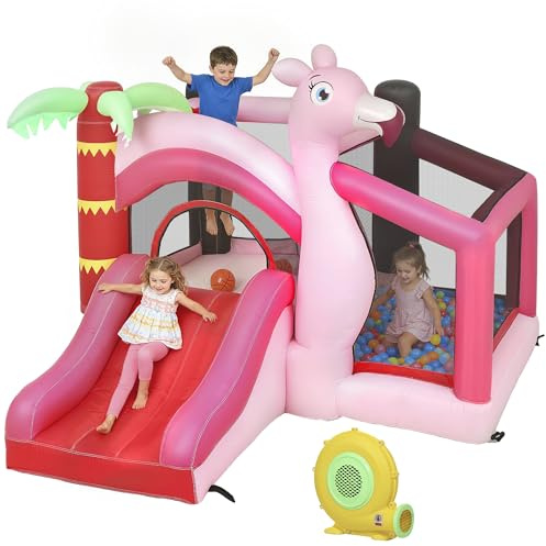 AIYAPLAY Castello Gonfiabile per Bambini 4 in 1, Scivolo, Trampolino, Piscina Palline, Canestro, Palloni Basket, Tema Fenicottero, Soffiatore, Borsa Trasporto, Interni Esterni, 255x230x196cm, Rosa