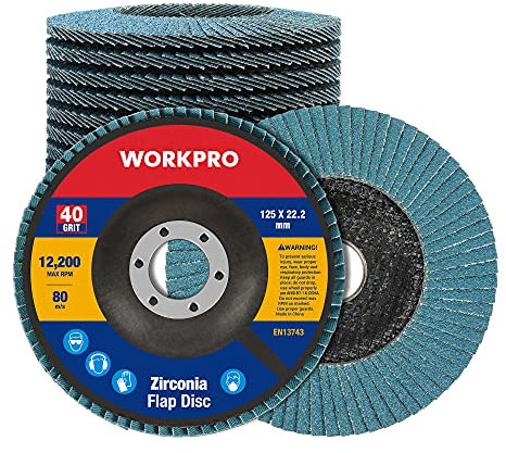 WORKPRO Discos Abrasivos de Láminas de 125 mm, Grano 40, Disco de Pulido de Alúmina para Quitar Desbarbos, Óxido, Pulido, Acabado