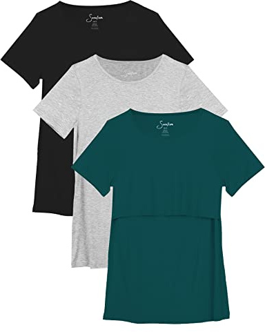 Sosolism Lot de 3 T-Shirts d'allaitement à Manches Courtes pour l'Été Shirts Décontractés pour Femmes Enceintes et Postpartum Noir, Gris Clair, Vert, X-Large