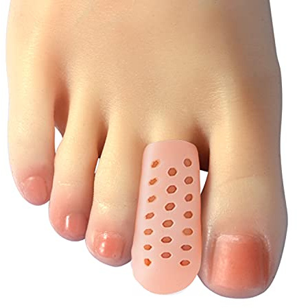 Hoogoo Gel Middle Toe Caps, 10 Pcs Beige Breathable Toe Protector Toe Cover Sleeves with Holes, Provides Relief from Corns, Blisters, Hammer Toes, Reduce Friction