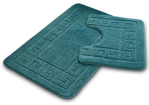 VELVETIO Bath Mat Set 2 Piece Machine Washable for Bathroom, Jacquard Greek Non Slip Quick Dry Shower Rugs & Bathtub Mats, Highly Water Absorbent 100% Polypropylene Toilet Rug Sets, Dark Teal