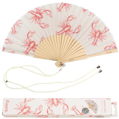 FISURA - Origineller Handfächer mit Hummeraufdruck. Moderner und farbenfroher Fächer aus Holz. Weißer und roter Fächer. Maße: 42,5 x 23 cm. Materialien: Holz und Textil.
