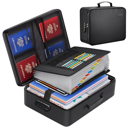 Vanulee 5300℉ Fireproof Document Box, Waterproof Fire Proof Document Bag with 13 Pockets Accordion Folder, Portable File Organiser A4 Paper Storage Safe Box with Handle and Lock, Black