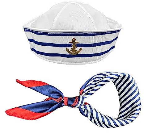 TSHAOUN Sailor Hat Schal Set für Männer und Frauen,Blau Weiß Gestreift Seemannsmütze Und Roter Blauer Schals für Mottoparty Cosplay VerkleidungKarneval Foto Requisiten Accessoires (2 Stück)