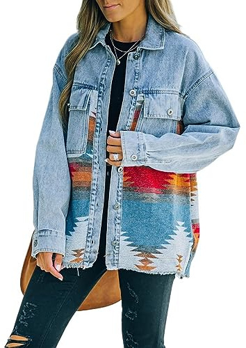 Chaqueta Mujer,Chaqueta De Mezclilla Con Estampado Bohemio Para Mujer Patchwork Jeans Con Dobladillo Crudo Tops Camionero Elástico A Medida Botón Étnico Abrigo De Mezclilla Chaqueta De Mezclilla Rec