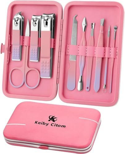 Manicure Set 10pcs Professional Nail Clippers Kit Pedicure Care Tools-Stainless Steel Grooming Tools for Travel (Pink Purple)
