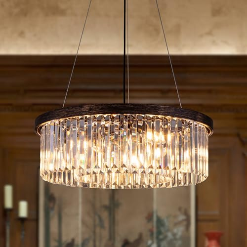 Wellmet Drum Antique Crystal Chandelier, for Foyer Dining Room, 6 Lights Modern Crystal Pendant Light, Vintage Ceiling Lighting Fixture for Kitchen Island, Living Room, Bedroom, Hallway, W-21.65”