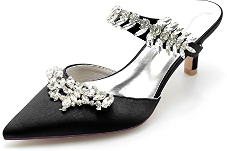 DSKHDZW Women's Kitten Heel Mules Satin Closed Pointed Toe Mules Rhinestone Strappy Sandals,Black,7 UK