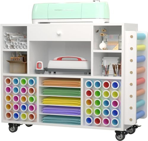 Craft organization and storage Cart Compatible with Cricut Machine, Rolling Craft Organizer with large drawer & 48 Vinyl Roll Holder, Crafting Cabinet Table Workstation for Craft Room Home