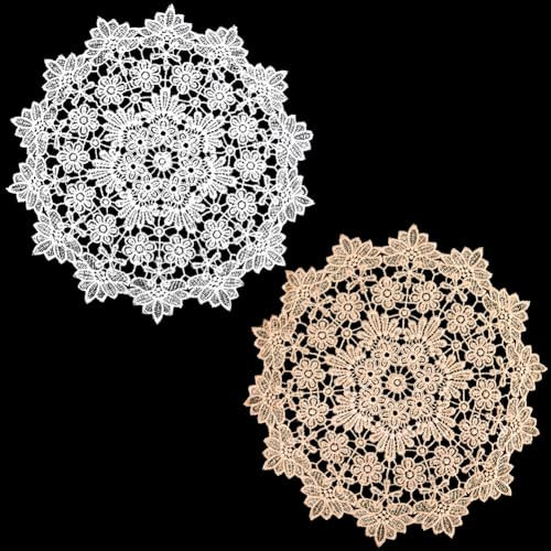 GORGECRAFT 2 Color Manteles Individuales Redondos de Ganchillo Posavasos de 35cm Tapetes de Encaje de Ganchillo de Punto Vintage Decoración de Mesa para Boda Fiesta de Té Decoración de Mesa Comedor