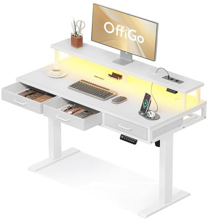 OffiGo Elektrischer Schreibtisch mit Schubladen, 120cm Höhenverstellbarer Schreibtisch mit Monitorständer, Standing Desk mit Steckdosen und Lichtleiste, Tisch Höhenverstellbar Bürotisch, Weiß
