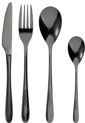 BERGNER PRAGA, Cubertería de acero inoxidable de 16 piezas, Incluye 4 cuchillos, 4 cucharas, 4 tenedores, 4 cucharadas, Elegante acabado en negro, Duradera y elegante para cualquier ocasión