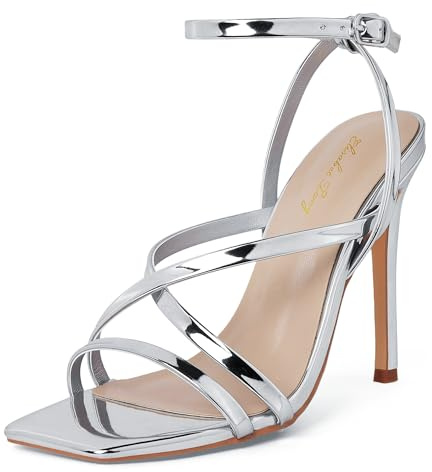 Zhabtuc Fashion Sandales à talons hauts et bout ouvert pour femmes, lanières à la cheville, talon aiguille, talon de 11 cm, motifs sexy pour mariage et fête, Argent, 40.5 EU