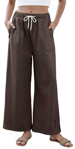 Athlisan Womens Baggy Wide Leg Palazzo Pants Casual Loose Drawstring Elastic Waisted Lounge Trousers with Pockets(Coffee-L)
