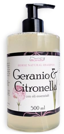 Shampoo Naturale per Cavalli Geranio & Citronella Arcafarm con oli essenziali 500ml - Barriera naturale, Pulisce, lucida e protegge il Manto Equino - uso frequente, Made in Italy