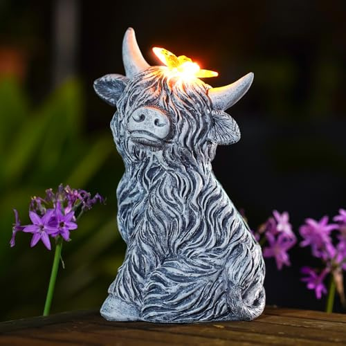 Yeomoo Solar Highland Cow Garden Ornaments with Butterfly Lights Grey | Resin Waterproof Statue, Solar Garden Decor for Lawn Balcony Patio Yard Home, Birthday Gifts for Women Mum Men, Fairy Garden