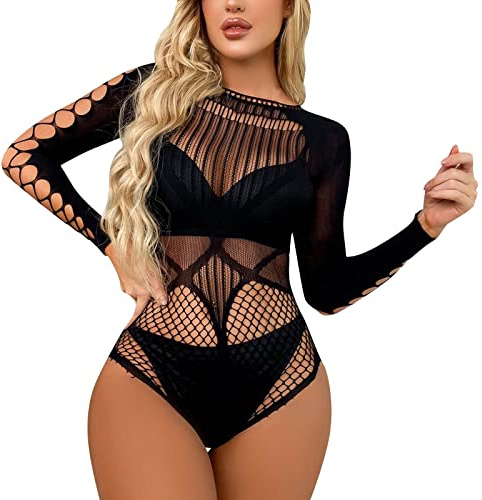 EQWIGKEIT Rave Outfit Damen, Festival Outfit Damen Sexy Rave Transparentes Netzbody Bodysuit Gothic Dessous Reizwäsche Durchsichtiges Set Mesh