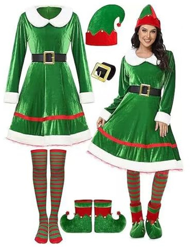 Solorass Disfraz de Elfo de Navidad para Mujer, Disfraz Navidad Adulto Mujer Traje Navideño de Elfo Gnomo con Vestido, Calcetines, Gorro y Orejas de Elfo para Fiesta de Cosplay (S)