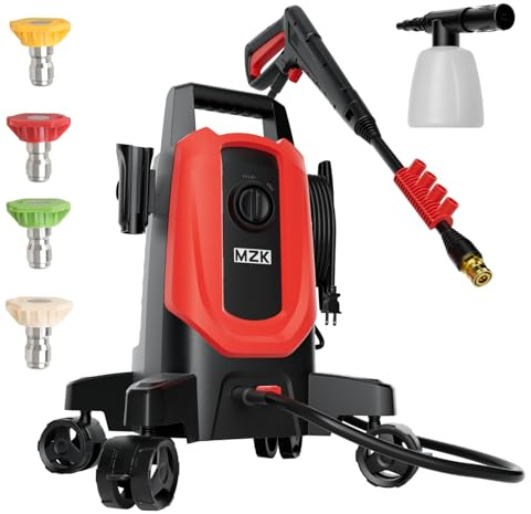 MZK Pressure Washer, Power Washer with Anti-Tipping Technology, 4 Wheels, 4 Quick Connect Nozzles, Soap Bottle, for Cars, Fences, Driveways, Patios, Home & Outdoor Cleaning - Deep Red