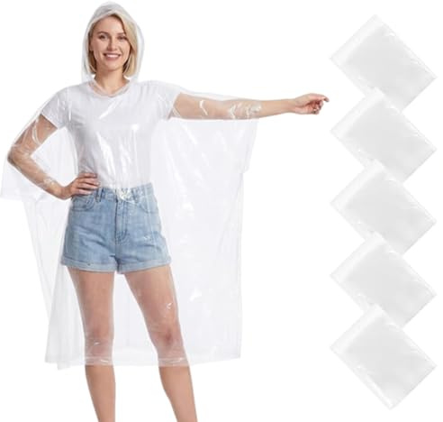 5 Pezzi Poncho Antipioggia Monouso per Adulti, Impermeabile di Emergenza con Cappuccio con Coulisse, Kit di Sopravvivenza per la Casa e la Famiglia per Campeggio ed Escursionismo