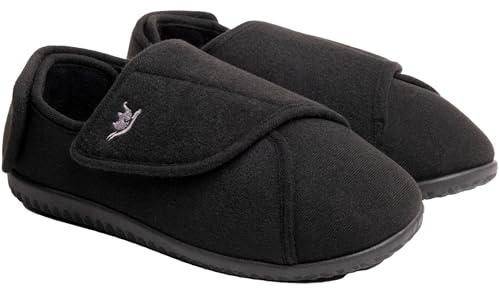 Women’s Extra Wide Diabetic Slippers, 80-D Memory Foam, Adjustable, Non-Slip Rubber Sole, Plush Fleece Lining, Arthritis Edema Support, Machine Washable House Shoes for Indoor/Outdoor (9, Black)