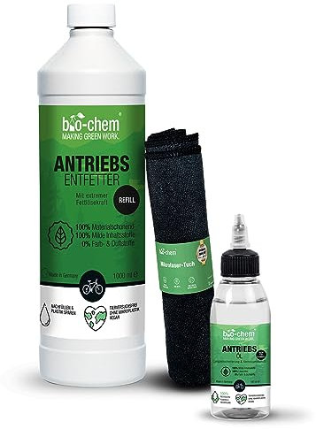 bio-chem 3-teiliges Reinigungsset zur Tiefenreinigung und Schmierung von Fahrradketten, Fahrradantrieb - Enthält 1x Kettenreiniger 1000 ml, 1x Kettenöl 100 ml, 1x Mikrofasertuch