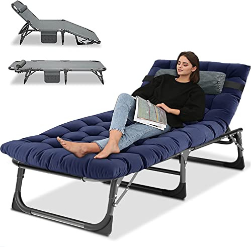 LILYPELLE Portable Folding Camping Cot, Adjustable 5-Position Adults Reclining Folding Chaise with Pillow, Outdoor Portable Folding Lounge Chair Sleeping Cots Bed for Camping, Pool, Beach, Patio