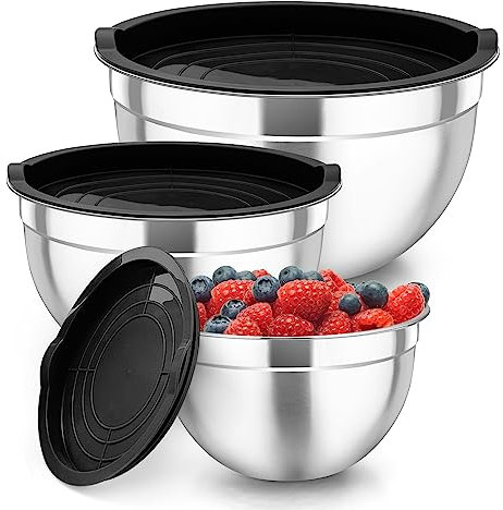 Joyfair Mixing Bowl Set of 3, Stainless Steel Nesting Mixing Salad Bowls with Airtight Lids, Storage Set for Baking/Prepping/Serving/Whipping, Dishwasher Safe & Space Saving, 4.6/2.8/1.6QT - Black