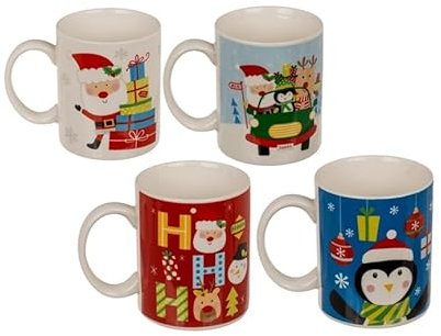 Invero Set of 4 Christmas Buddies Themed Printed Mugs - Drinking Cups for Adults and Children for Tea, Coffee, Latte, Hot Chocolate or Soft Drinks (Fine Bone China 12oz - 350ml)